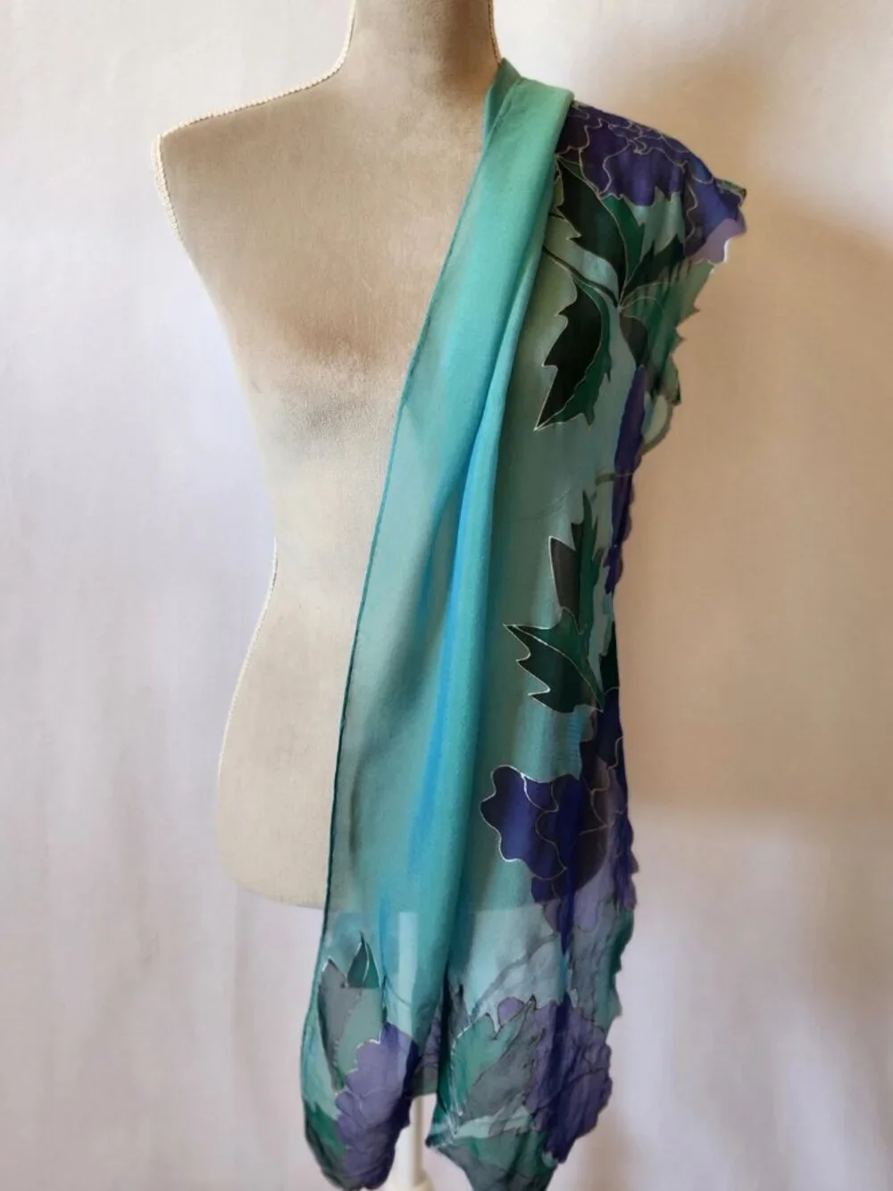 Betty Lathrop Women's Teal Purple Hand Painted Floral Sheer Silk Scarf Wrap